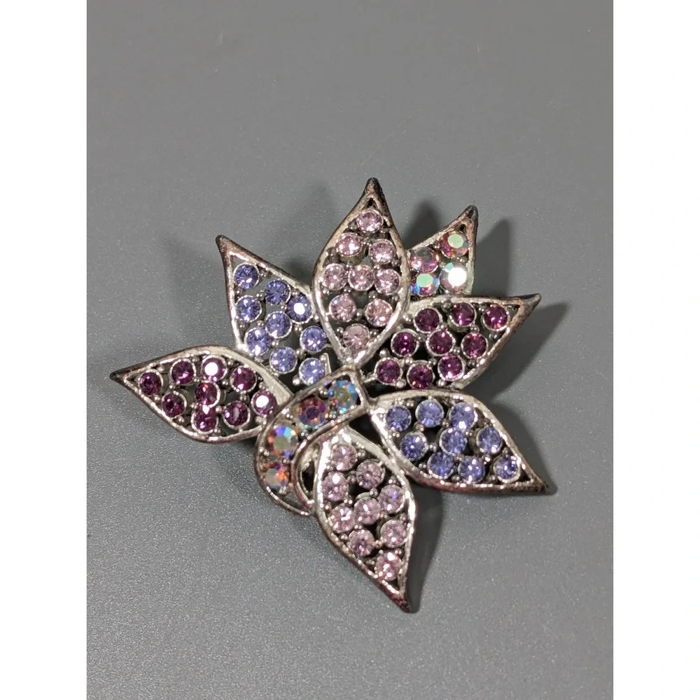 Pink Purple‎ AB Crystal Pave Flower Brooch PIn Pendant Silver Tone